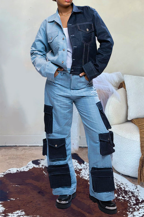 Stylish Denim Patchwork Jacket & Pants Set