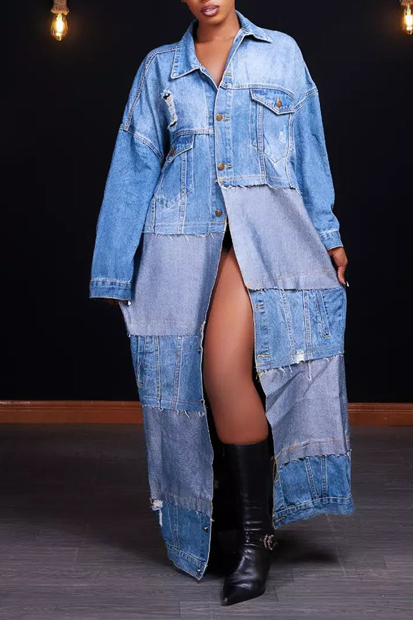 Casual Denim Patchwork Asymmetric Dress