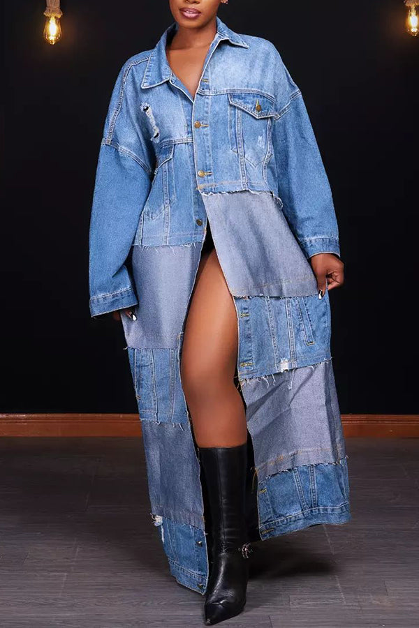 Casual Denim Patchwork Asymmetric Dress