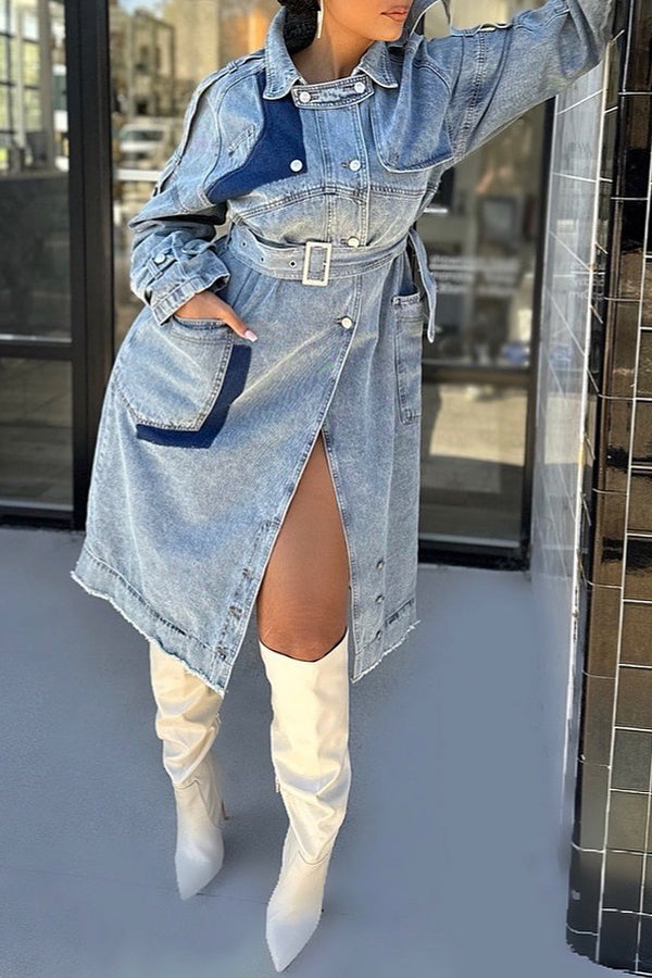 Classic Patched Pocket Denim Trench Coat