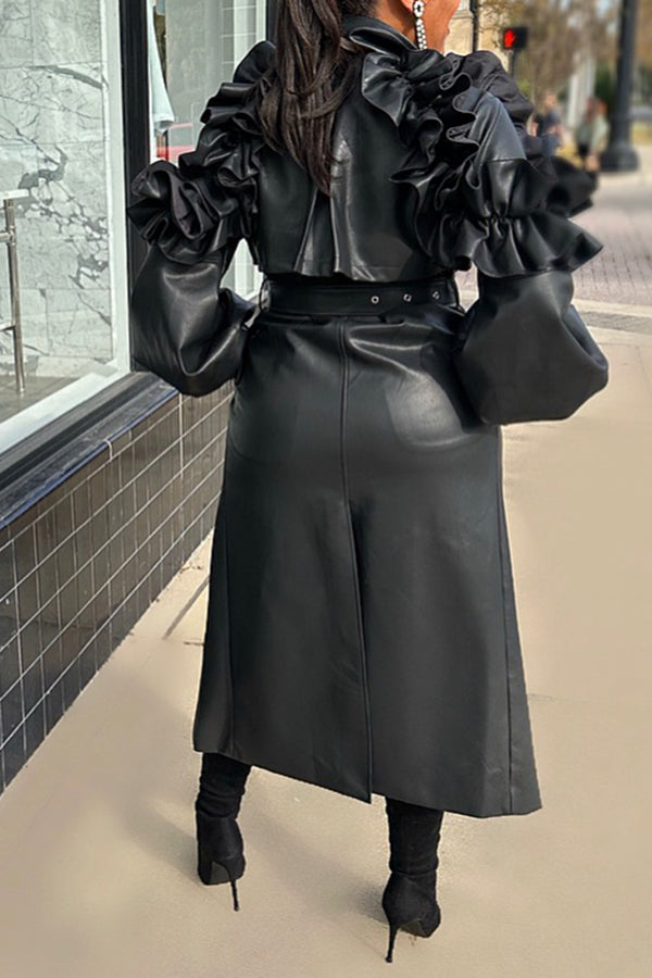 Stylish Lantern Sleeve Eco-friendly Leather Trench Coat