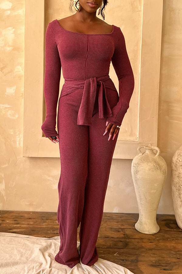 Casual Rib-knit Tie Front Jumpsuit