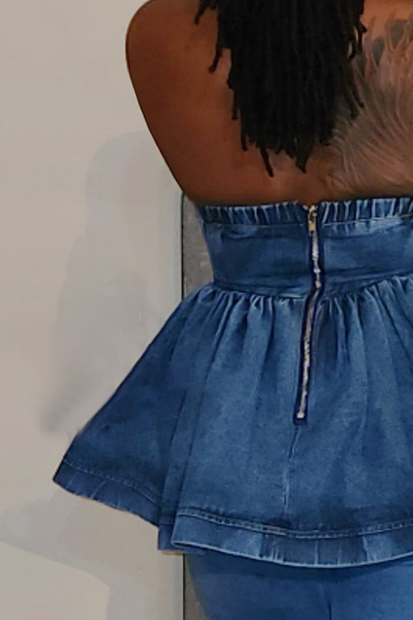 Denim Ruffle Hem Tube Top