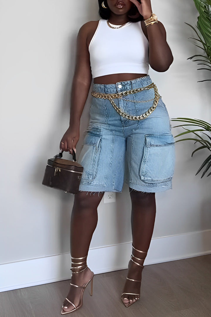 Stunning Flap Pocket High Waist Denim Shorts