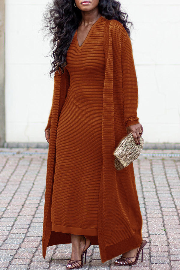 Casual V-Neck Textured Knit Dress & Kimono Set