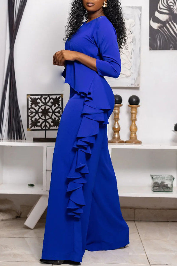 Ruffle Draped Blouse & Wide Leg Pants Set