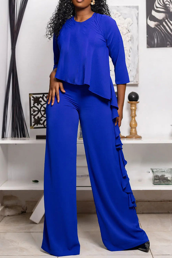 Ruffle Draped Blouse & Wide Leg Pants Set