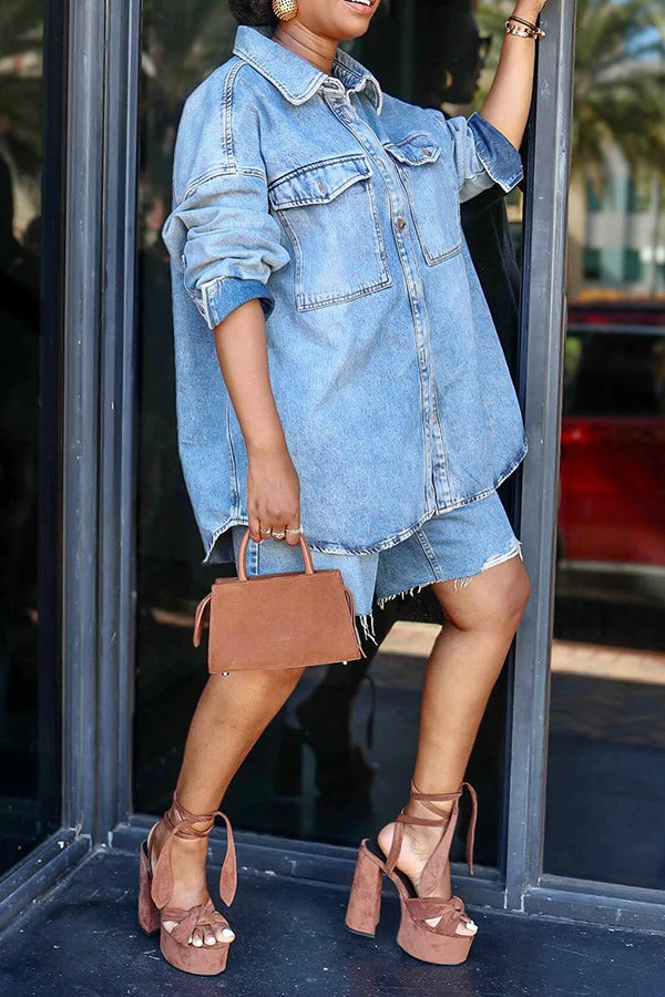 Casual Denim Flap Pocket Top & shorts Set 