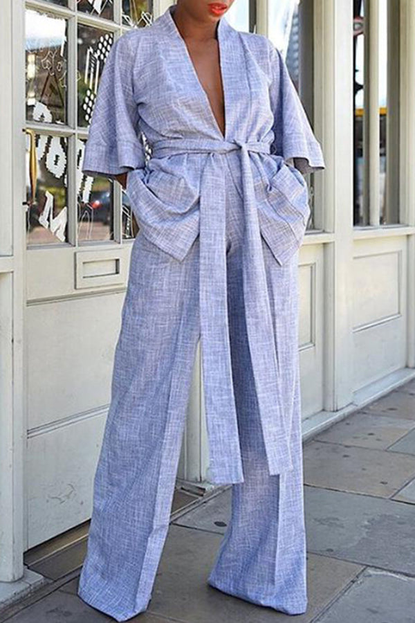 V-Neck Belted kimono & Pants Set