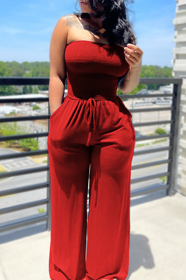 Strapless Drawstring Wide-leg Jumpsuit