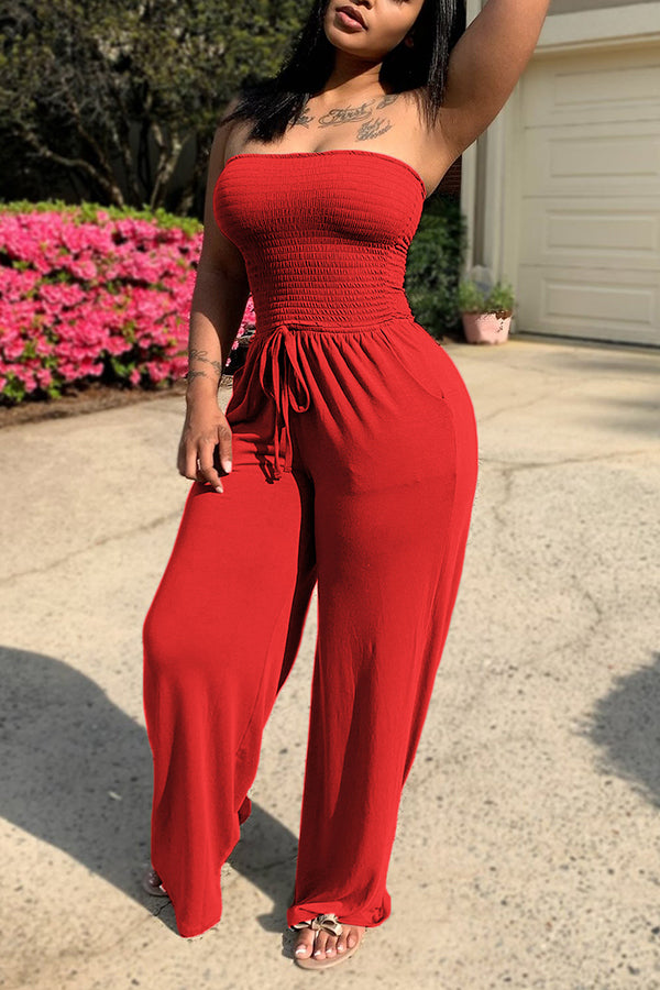 Strapless Drawstring Wide-leg Jumpsuit