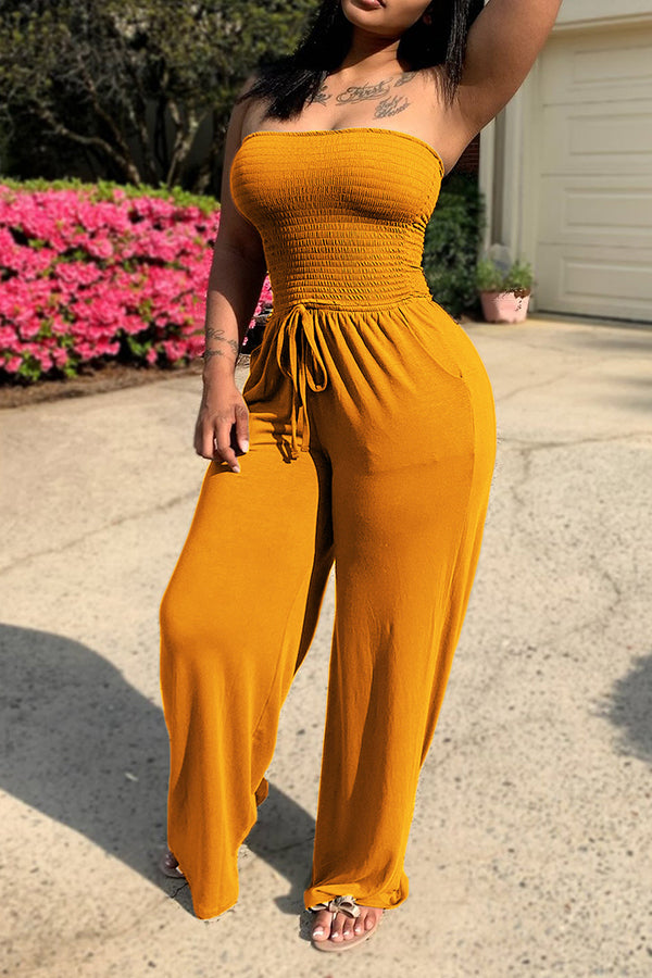 Strapless Drawstring Wide-leg Jumpsuit