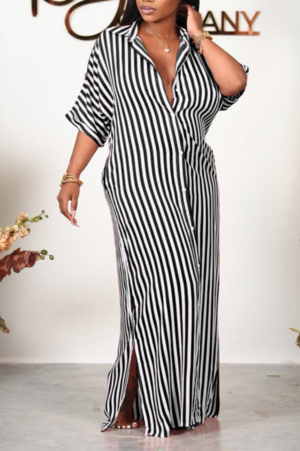 Half Sleeve Striped Loose Shirt Dress