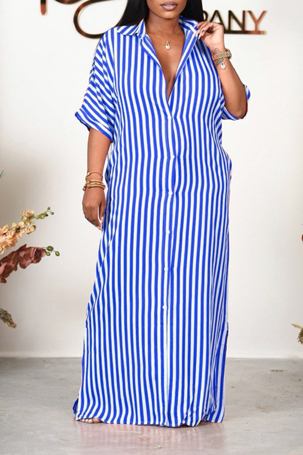 Half Sleeve Striped Loose Shirt Dress