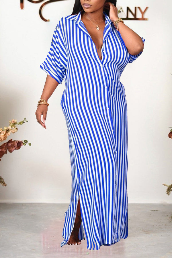 Half Sleeve Striped Loose Shirt Dress