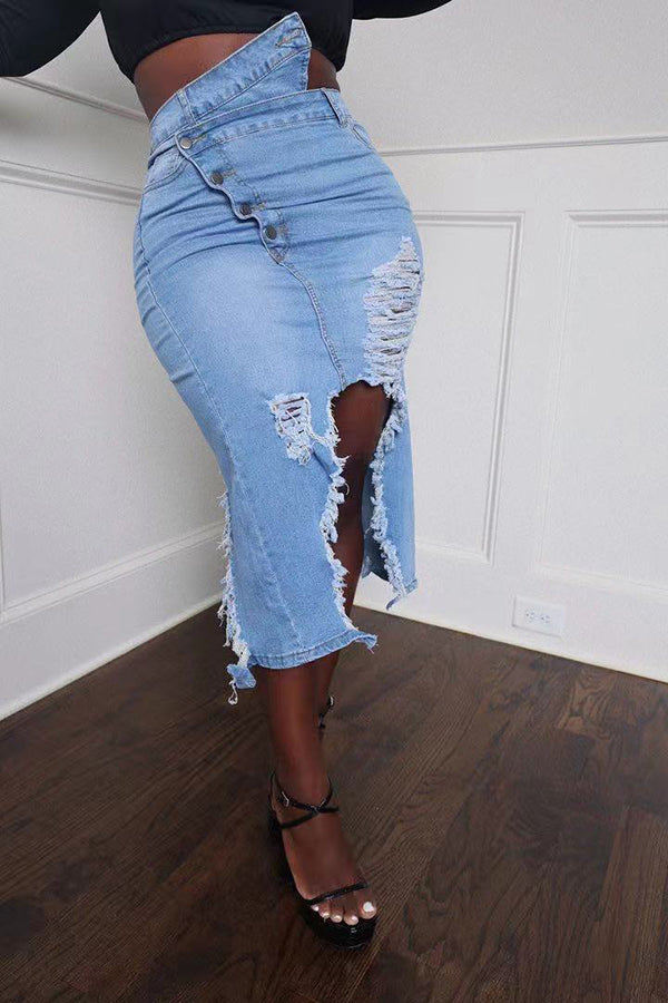 Irregular Ripped High Waist Denim Skirt