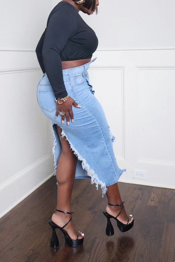 Irregular Ripped High Waist Denim Skirt