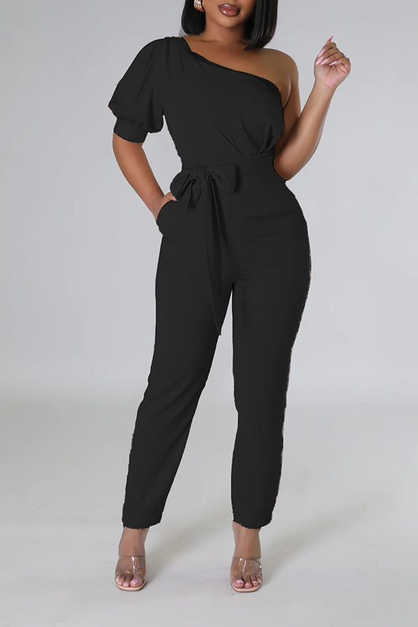 One Shoulder Self Belted Jumpsuit