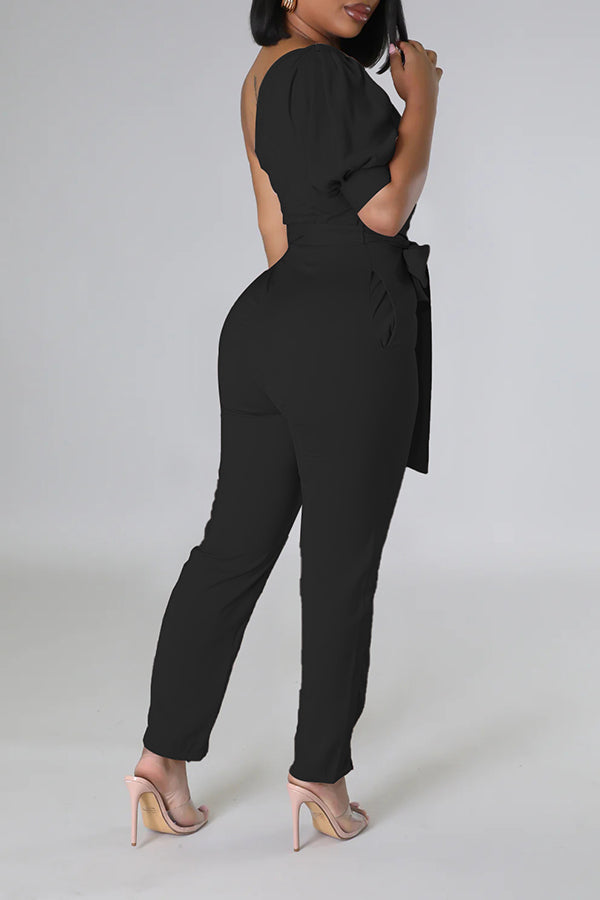 One Shoulder Self Belted Jumpsuit