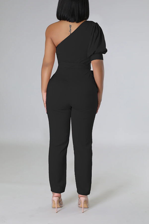 One Shoulder Self Belted Jumpsuit