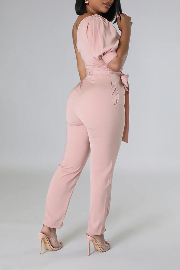 One Shoulder Self Belted Jumpsuit