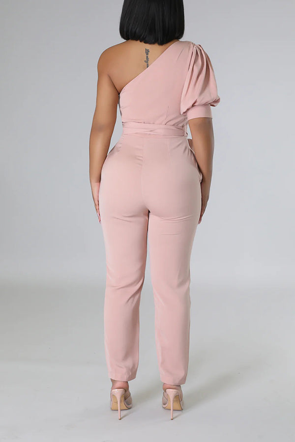 One Shoulder Self Belted Jumpsuit