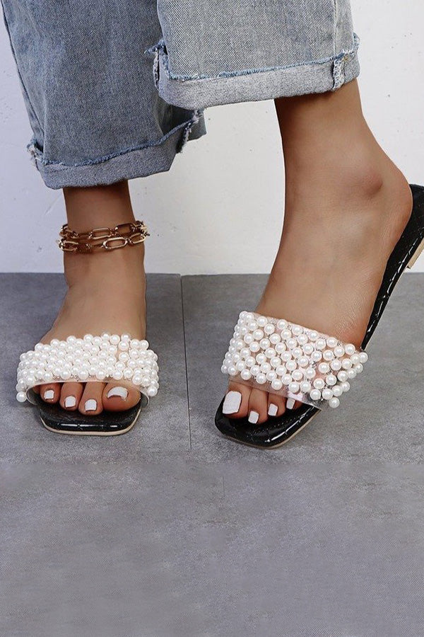 Rhinestone & Pearl Decor Flat Slide Slippers