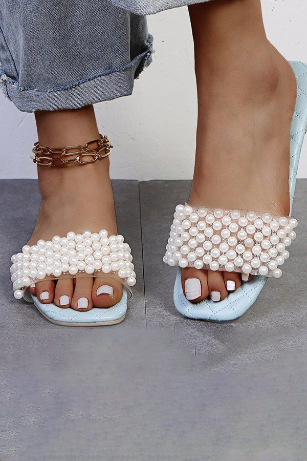 Rhinestone & Pearl Decor Flat Slide Slippers