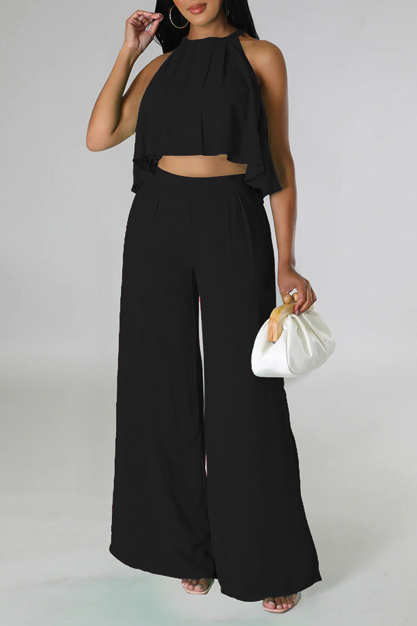 Halter Ruffle Hem Oversized Pant Suit