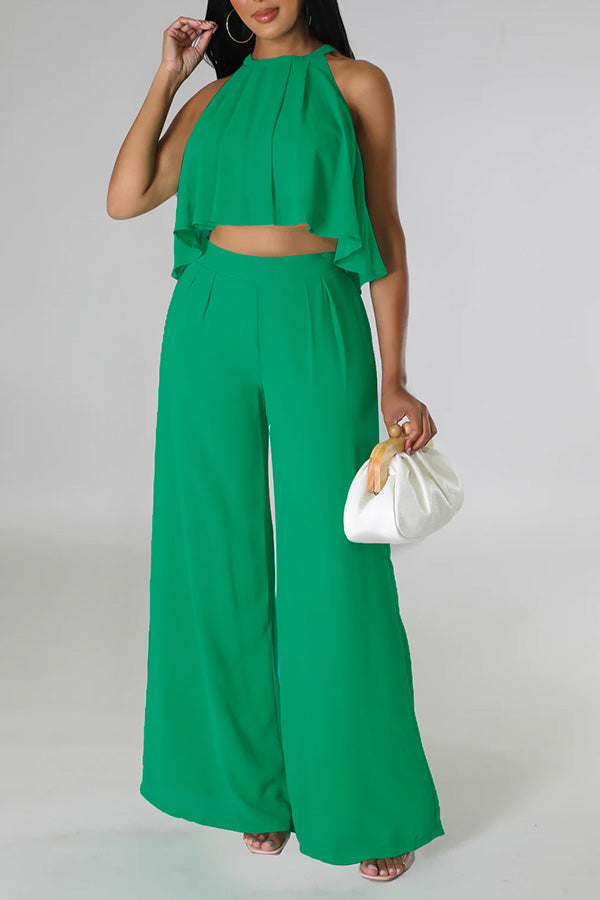 Halter Ruffle Hem Oversized Pant Suit