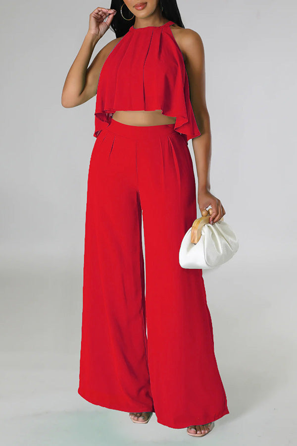 Halter Ruffle Hem Oversized Pant Suit