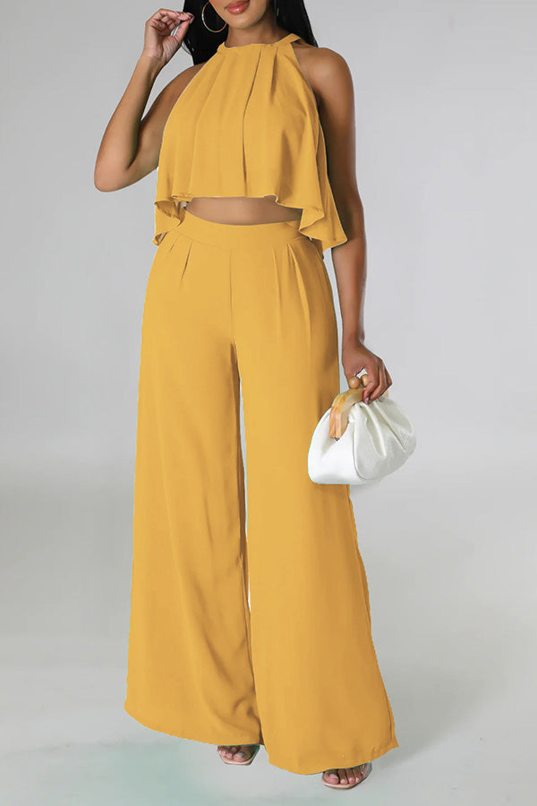 Halter Ruffle Hem Oversized Pant Suit