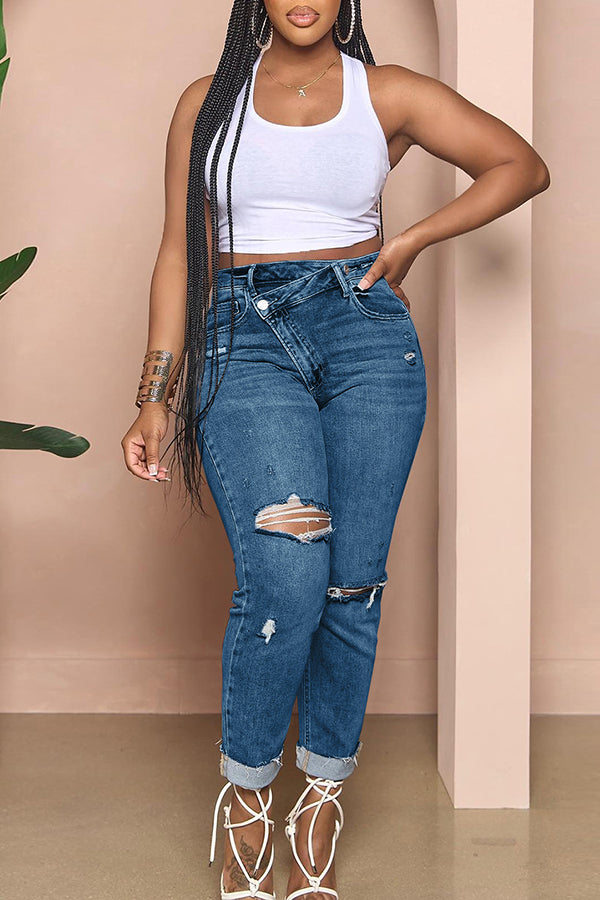 Ripped Asymmetrical Waist Slim Jeans