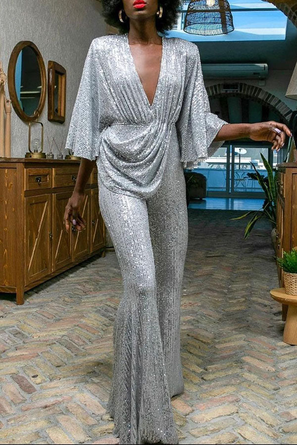 Shiny Sequin Deep V Neck Flare Leg Jumpsuit