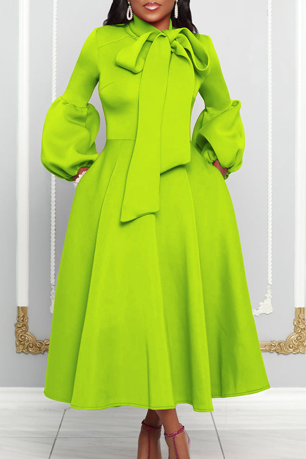 Elegant Bow Lantern Sleeve A-line Dress