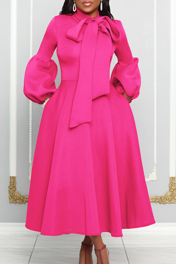 Elegant Bow Lantern Sleeve A-line Dress