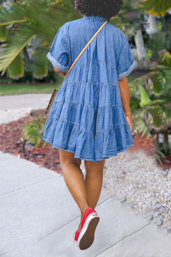 Denim Button Down Ruffle Hem Babydoll Dress