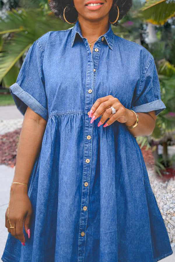 Denim Button Down Ruffle Hem Babydoll Dress