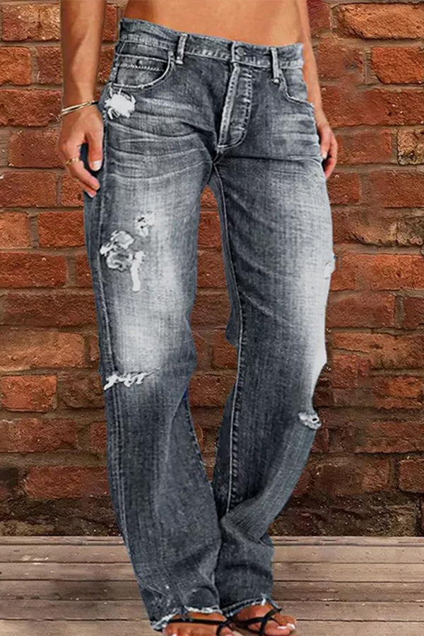 Casual Middle Rise Ripped Straight Cut Jeans