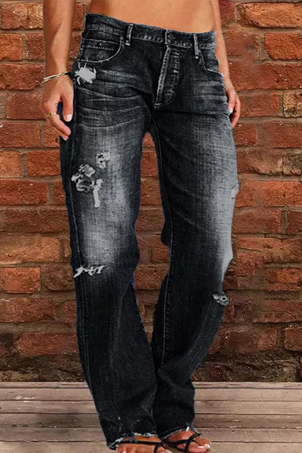 Casual Middle Rise Ripped Straight Cut Jeans