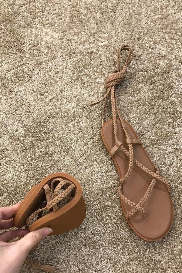 Woven Strappy Peep Toe Flat Sandals